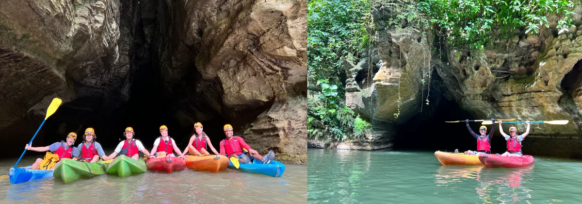 Kayakers exploring the river caves with Batey Adventures