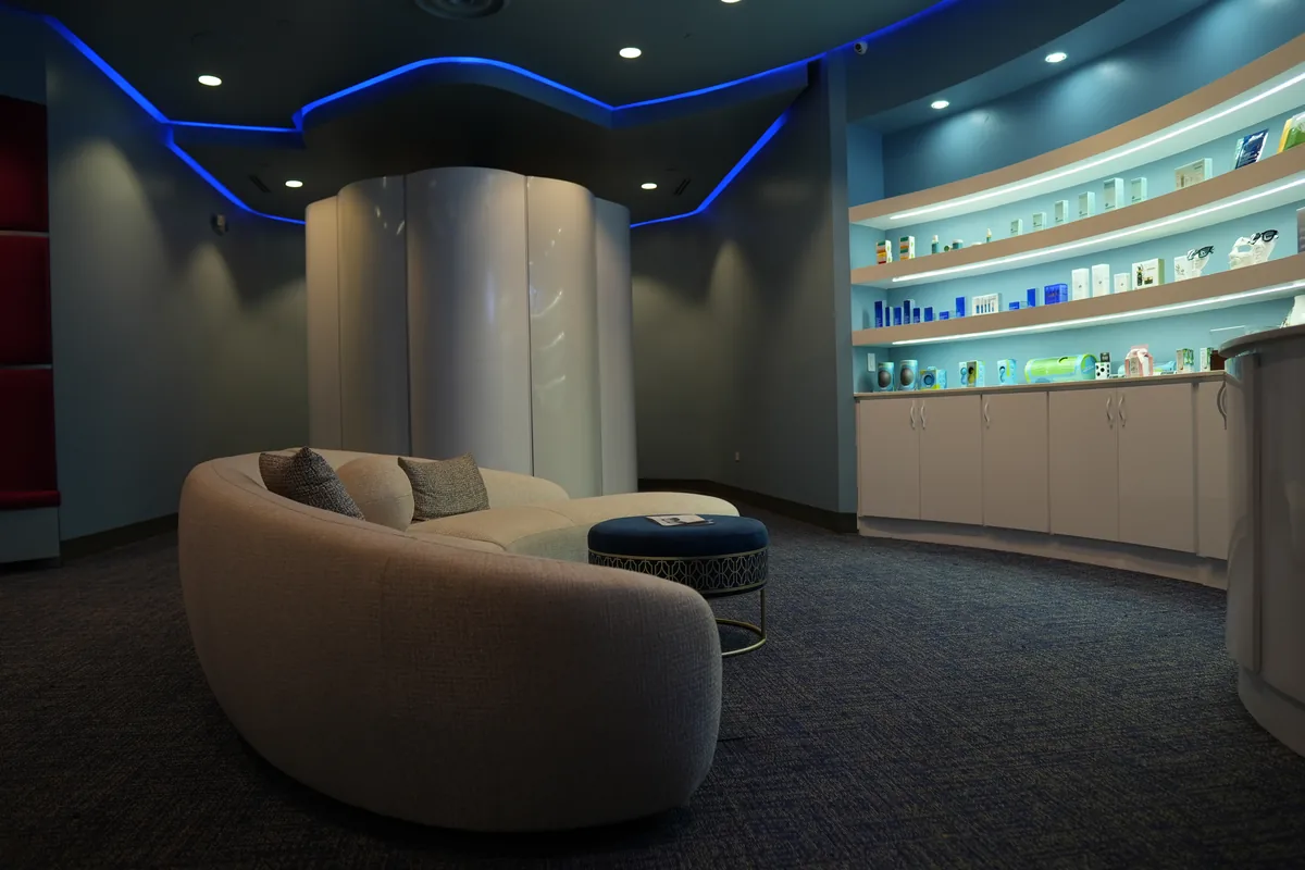 Lounge seating and product displays inside Cloud Spa