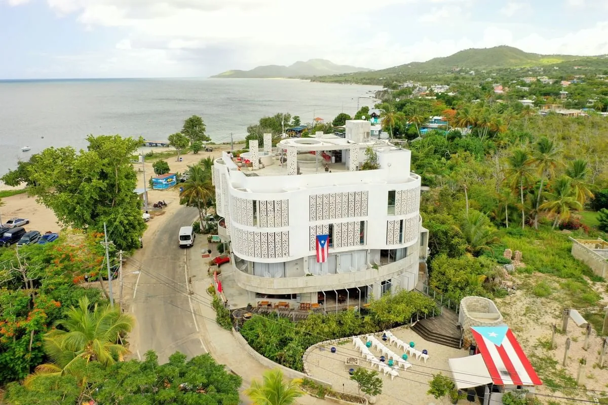El Blok’s curved building beside Esperanza’s waterfront on Vieques