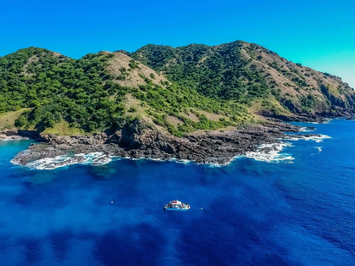 Blue water and a green rocky coastline featured by Taino Divers.