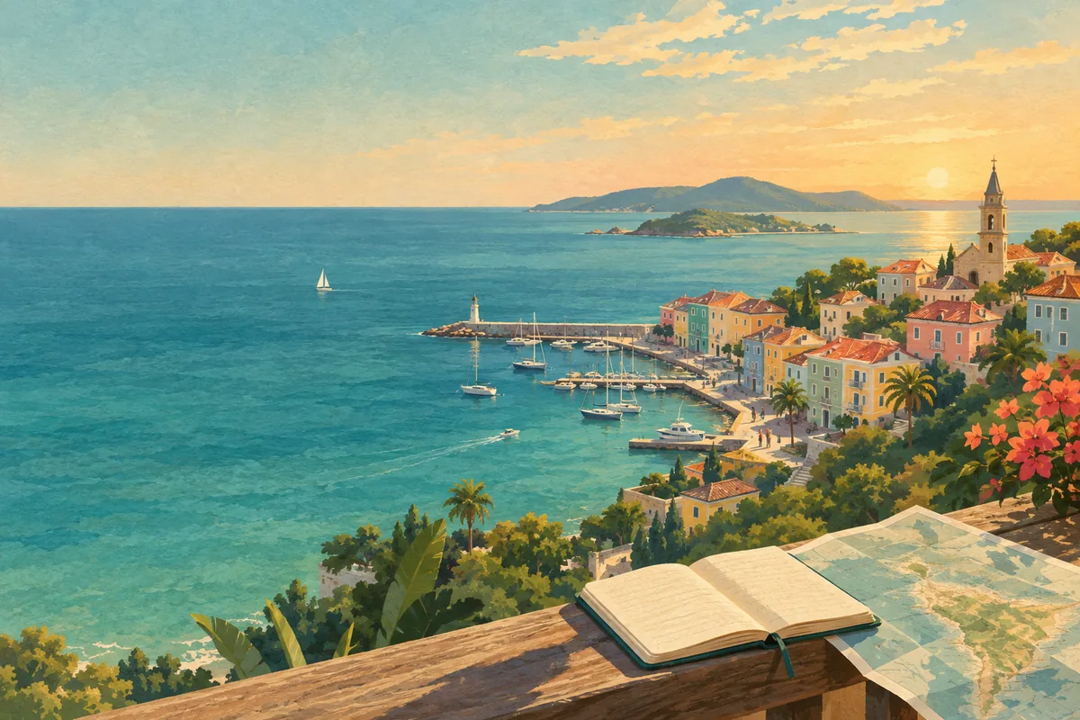 Hand-painted view over a Puerto Rican coastal town at golden hour